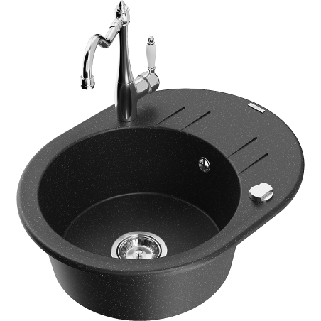 Mexen Kevin granite sink single-bowl with drainer and Carla kitchen tap, black/silver metallic - 6517-73-670700-00