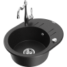 Mexen Kevin granite sink single-bowl with drainer and Carla kitchen tap, black/silver metallic - 6517-73-670700-00