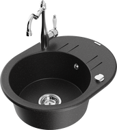 Mexen Kevin granite sink single-bowl with drainer and Carla kitchen tap, black/silver metallic - 6517-73-670700-00