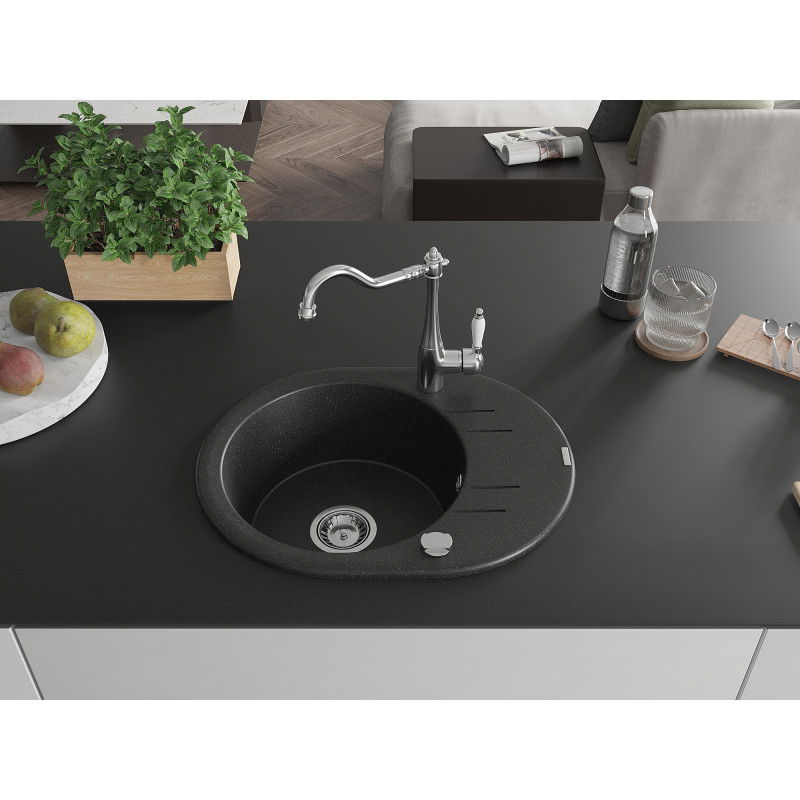 Mexen Kevin granite sink single-bowl with drainer and Carla kitchen tap, black/silver metallic - 6517-73-670700-00