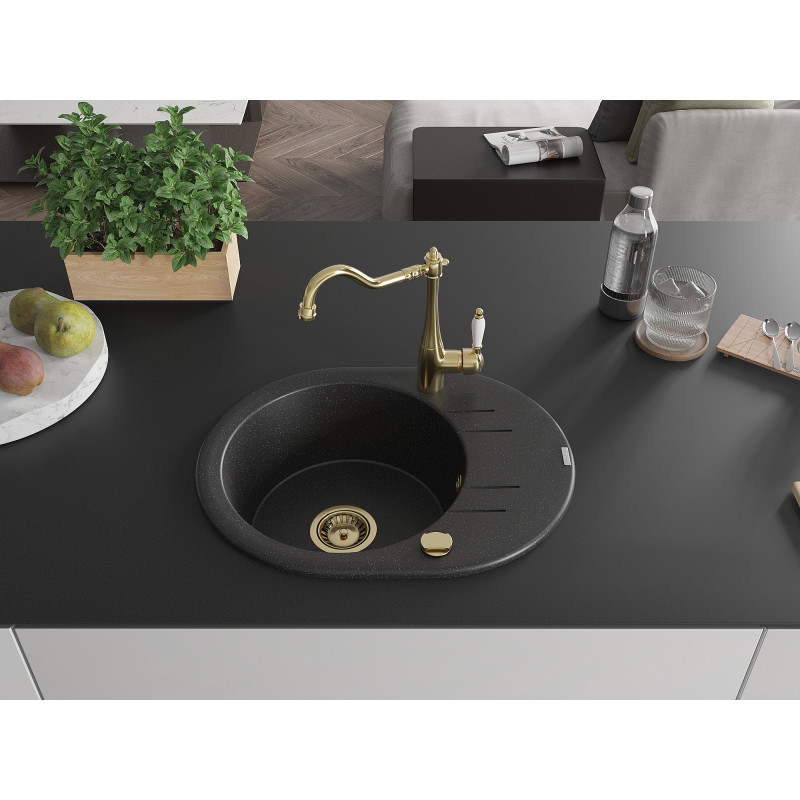 Mexen Kevin granit sink 1-bowl with drainer and kitchen faucet Carla, black/silver metallic - 6517-73-670700-50