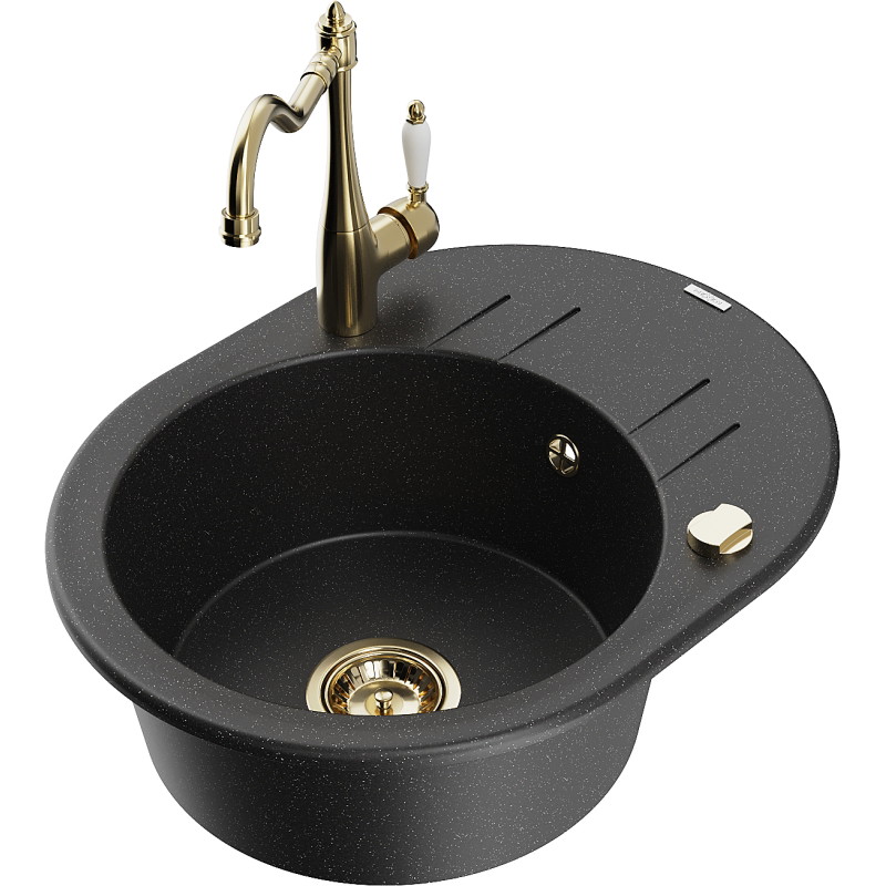 Mexen Kevin granit sink 1-bowl with drainer and kitchen faucet Carla, black/silver metallic - 6517-73-670700-50