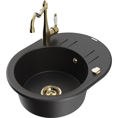 Mexen Kevin granite sink, 1-basin with drainer and Carla kitchen tap, black/silver metallic - 6517-73-670700-50