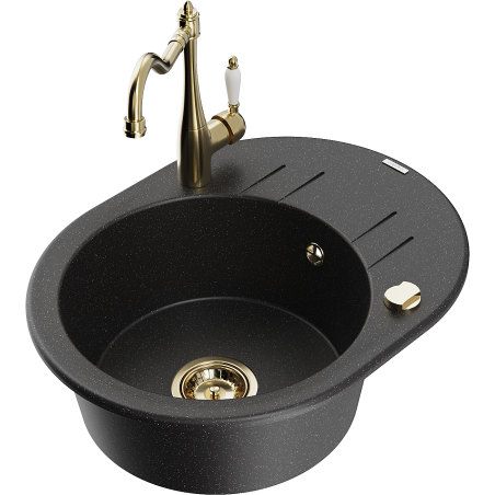 Mexen Kevin granite sink 1-bowl with drainer and kitchen faucet Carla, black/silver metallic - 6517-73-670700-50