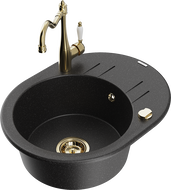 Mexen Kevin granit sink 1-bowl with drainer and kitchen faucet Carla, black/silver metallic - 6517-73-670700-50