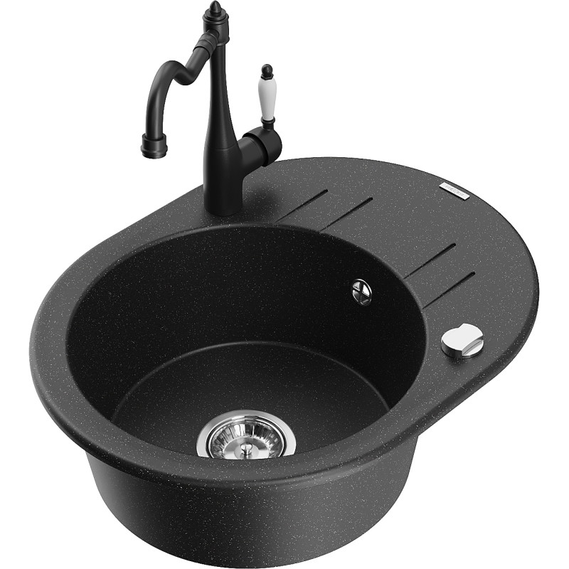 Mexen Kevin 1-bowl granite sink with drainer and Carla kitchen faucet, black/silver metallic - 6517-73-670700-70