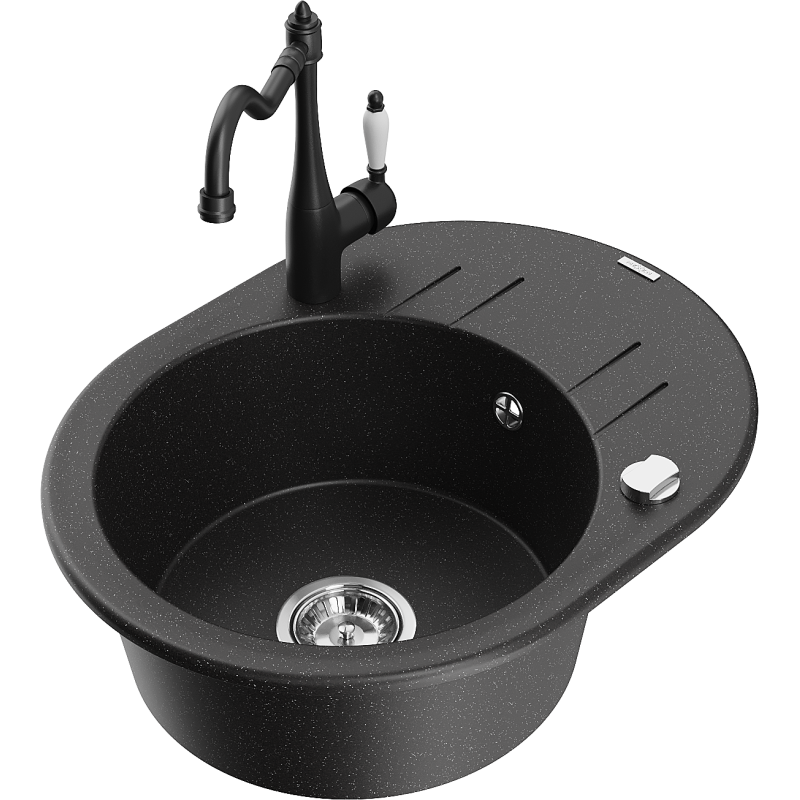 Mexen Kevin 1-bowl granite sink with drainer and kitchen tap Carla, black/silver metallic - 6517-73-670700-70