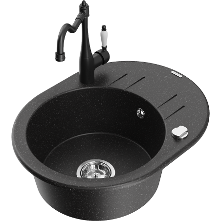 Mexen Kevin 1-bowl granite sink with drainer and Carla kitchen faucet, black/silver metallic - 6517-73-670700-70
