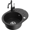 Mexen Kevin 1-bowl granite sink with drainer and Carla kitchen faucet, black/silver metallic - 6517-73-670700-70