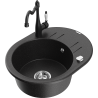 Mexen Kevin granite sink 1-bowl with drainer and kitchen faucet Carla, black/silver metallic - 6517-73-670700-70