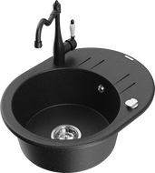 Mexen Kevin 1-bowl granite sink with drainer and Carla kitchen faucet, black/silver metallic - 6517-73-670700-70
