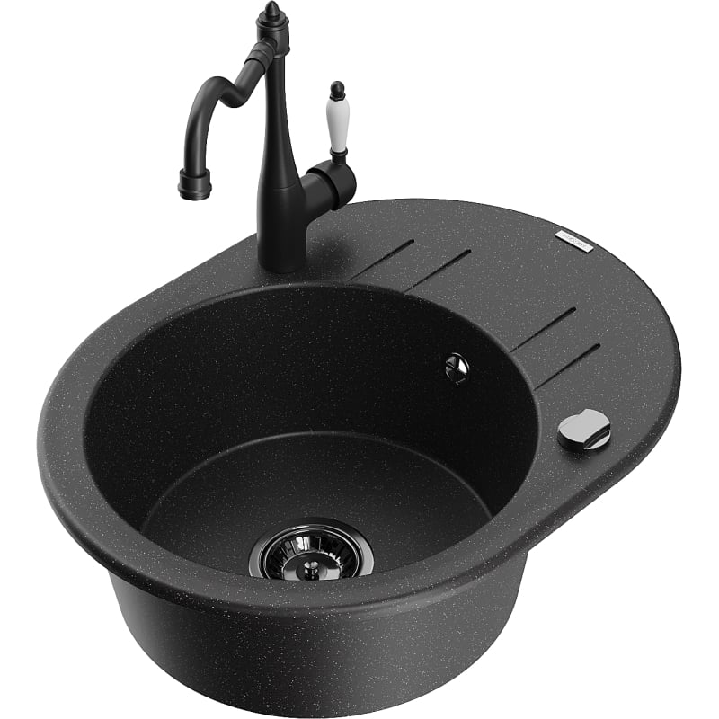 Mexen Kevin 1-bowl granite sink with drainer and kitchen faucet Carla, black/silver metallic - 6517-73-670700-70-B