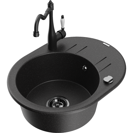 Mexen Kevin 1-bowl granite sink with drainer and kitchen faucet Carla, black/silver metallic - 6517-73-670700-70-B