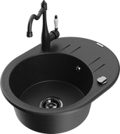 Mexen Kevin 1-bowl granite sink with drainer and kitchen faucet Carla, black/silver metallic - 6517-73-670700-70-B