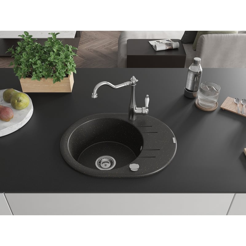 Mexen Kevin single-bowl granite sink with drainer and kitchen faucet Carla, black/gold metallic - 6517-75-670700-00