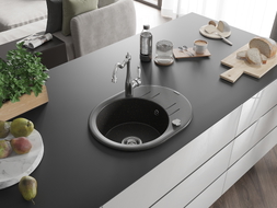 Mexen Kevin single-bowl granite sink with drainer and kitchen faucet Carla, black/gold metallic - 6517-75-670700-00