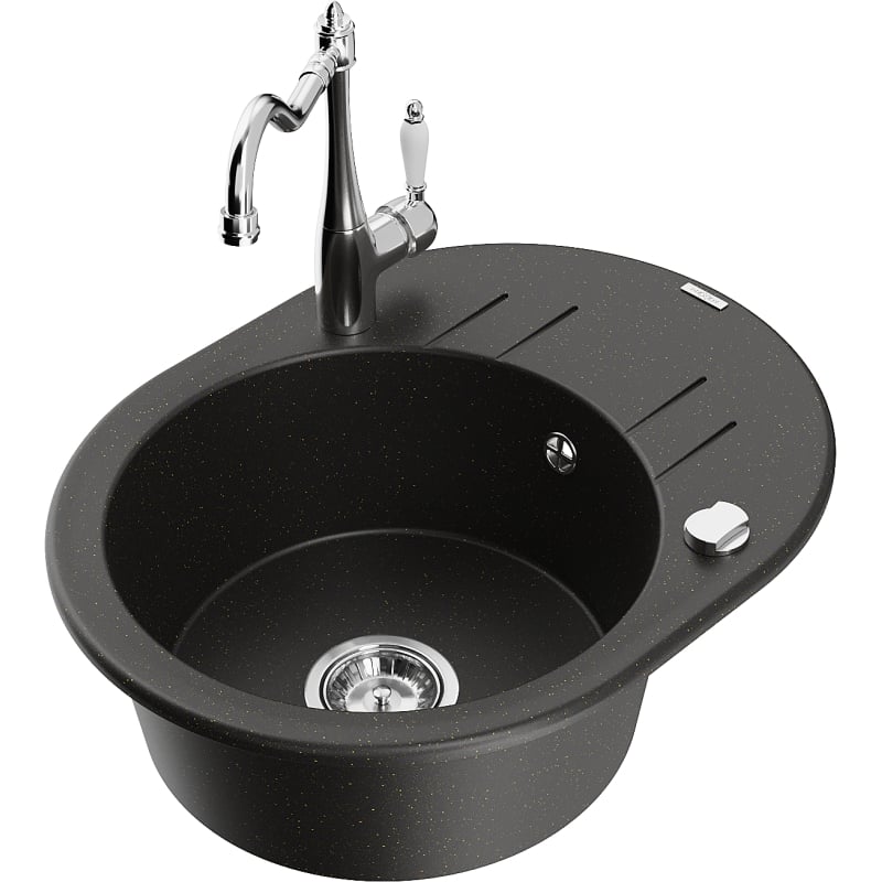 Mexen Kevin 1-bowl granite sink with drainer and kitchen faucet Carla, black/gold metallic - 6517-75-670700-00