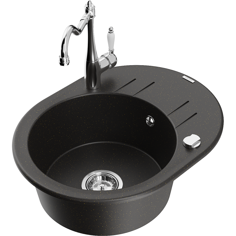 Mexen Kevin 1-compartment granite sink with a drip tray and kitchen mixer tap Carla, Black/Gold metallic - 6517-75-670700-00
