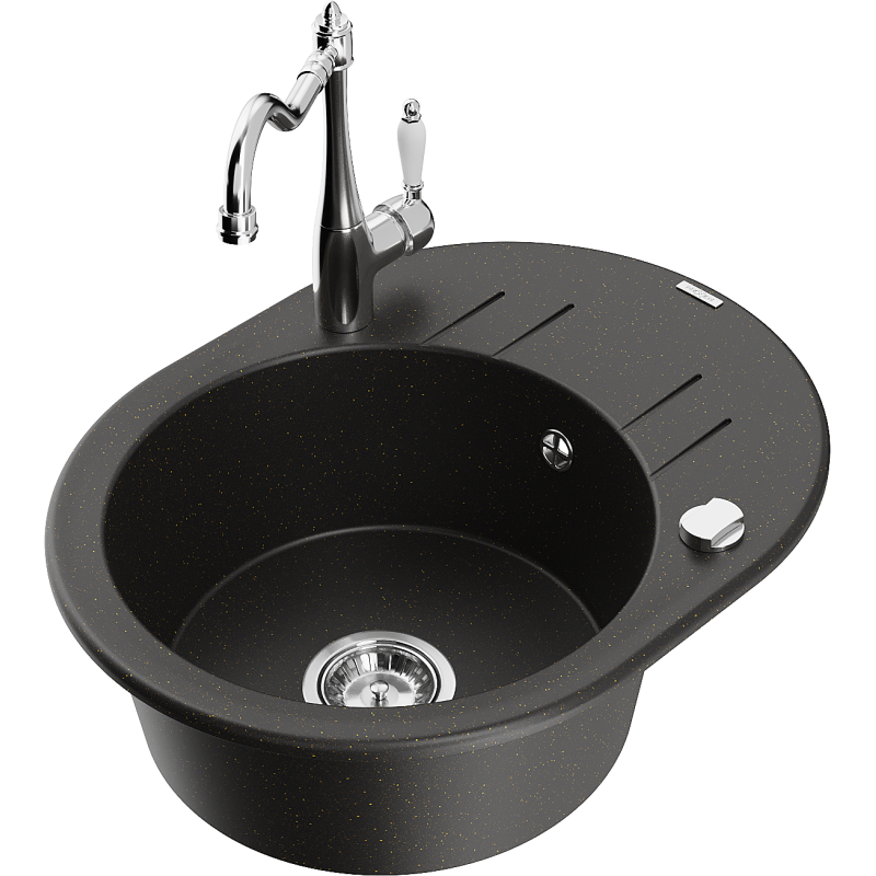 Mexen Kevin single-bowl granite sink with drainer and Carla kitchen tap, black/gold metallic - 6517-75-670700-00