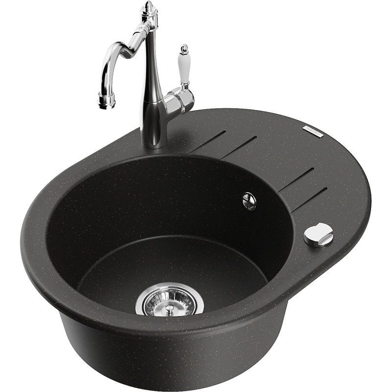 Mexen Kevin single-bowl granite sink with drainer and kitchen faucet Carla, black/gold metallic - 6517-75-670700-00