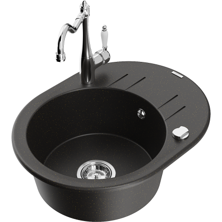 Mexen Kevin 1-compartment granite sink with a drip tray and kitchen mixer tap Carla, Black/Gold metallic - 6517-75-670700-00