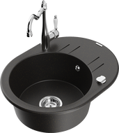 Mexen Kevin single-bowl granite sink with drainer and kitchen faucet Carla, black/gold metallic - 6517-75-670700-00