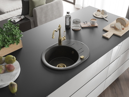 Mexen Kevin 1-compartment granite sink with a drip tray and kitchen mixer tap Carla, Black/Gold metallic - 6517-75-670700-50