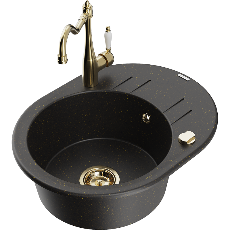 Mexen Kevin 1-bowl granite sink with drainer and Carla kitchen tap, black/gold metallic - 6517-75-670700-50