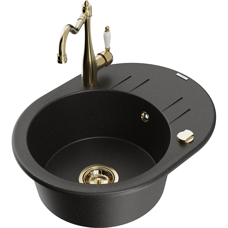 Mexen Kevin 1-compartment granite sink with a drip tray and kitchen mixer tap Carla, Black/Gold metallic - 6517-75-670700-50