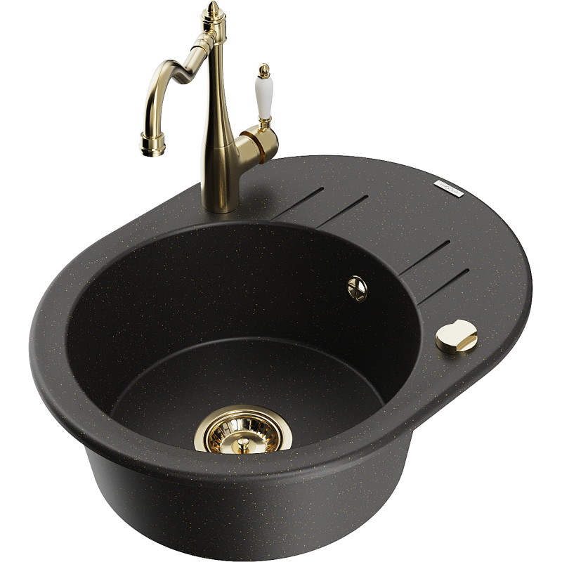 Mexen Kevin granite sink 1-bowl with drainer and kitchen faucet Carla, black/golden metallic - 6517-75-670700-50