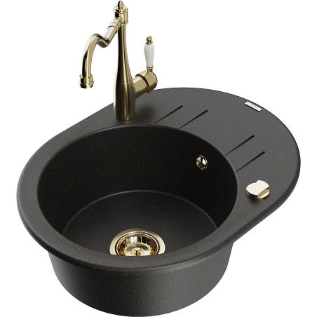 Mexen Kevin 1-bowl granite sink with drainer and Carla kitchen tap, black/gold metallic - 6517-75-670700-50