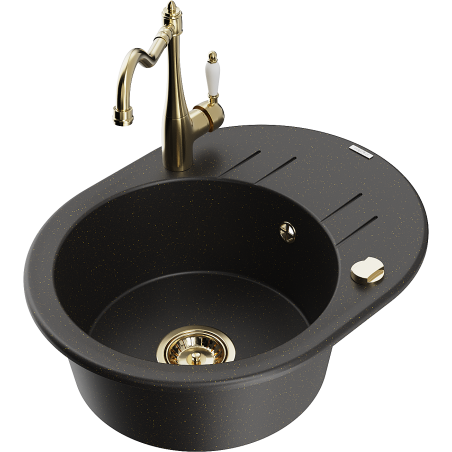 Mexen Kevin 1-compartment granite sink with a drip tray and kitchen mixer tap Carla, Black/Gold metallic - 6517-75-670700-50