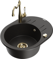 Mexen Kevin 1-bowl granite sink with drainer and Carla kitchen tap, black/gold metallic - 6517-75-670700-50