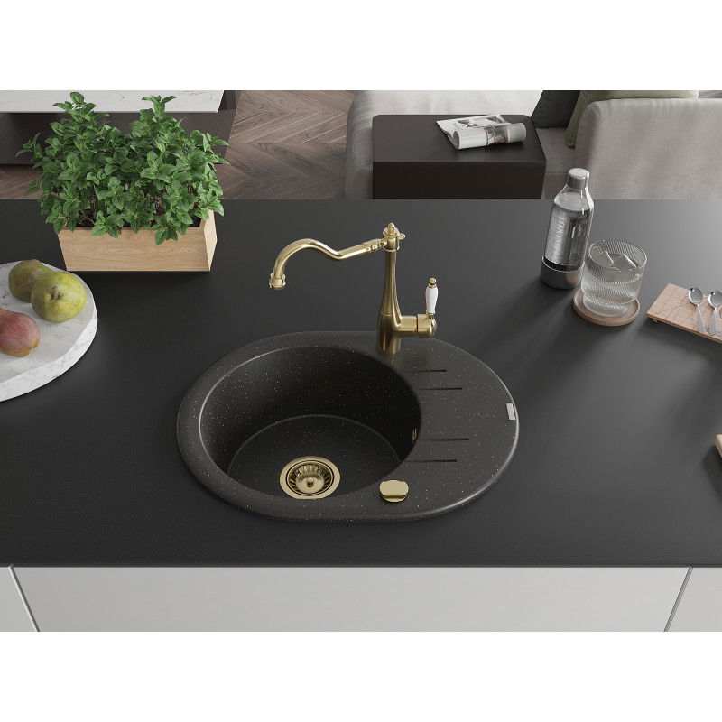 Mexen Kevin 1-bowl granite sink with drainer and Carla kitchen tap, black/gold metallic - 6517-75-670700-50