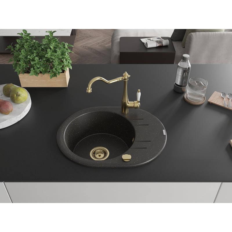 Mexen Kevin granite kitchen sink with 1 bowl, drainer, and faucet Carla, black/gold metallic - 6517-75-670700-50