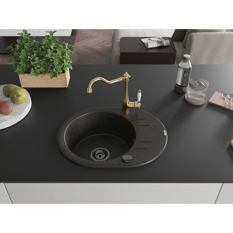 Mexen Kevin 1-bowl granite sink with drainer and Carla kitchen tap, black/golden metallic - 6517-75-670700-50-B