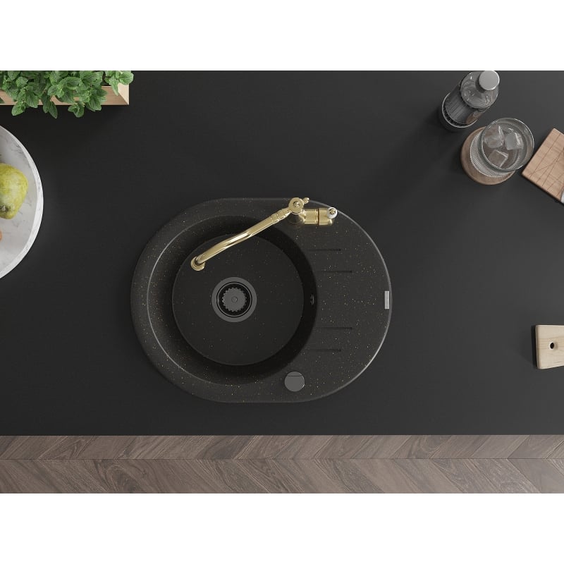 Mexen Kevin granite sink 1-bowl with drainer and kitchen faucet Carla, black/gold metallic - 6517-75-670700-50-B