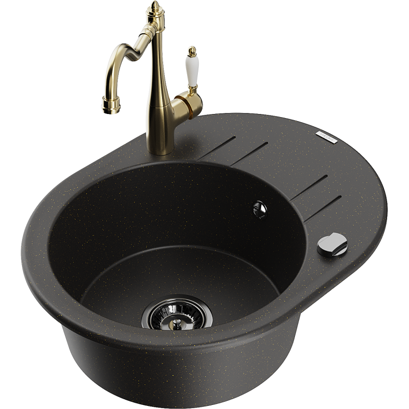 Mexen Kevin 1-bowl granite sink with drainer and Carla kitchen tap, black/golden metallic - 6517-75-670700-50-B