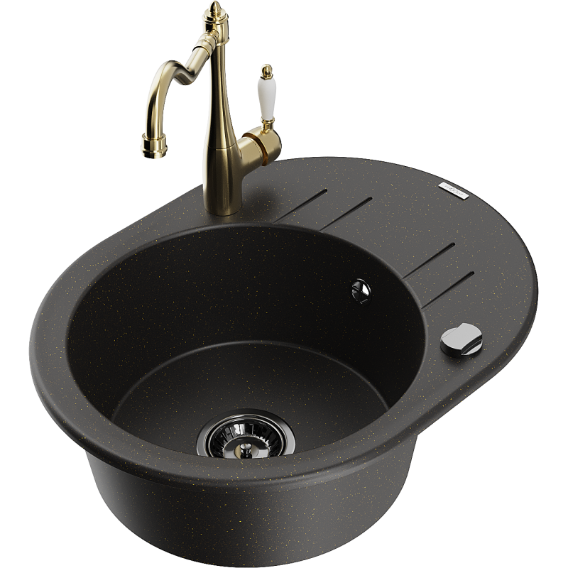 Mexen Kevin 1-compartment granite sink with a drip tray and kitchen mixer tap Carla, Black/Gold metallic - 6517-75-670700-50-B