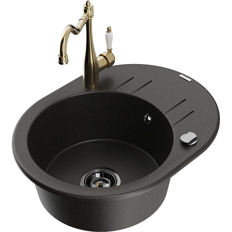 Mexen Kevin granite sink 1-bowl with drainer and kitchen faucet Carla, black/gold metallic - 6517-75-670700-50-B