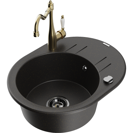 Mexen Kevin 1-bowl granite sink with drainer and Carla kitchen faucet, black/gold metallic - 6517-75-670700-50-B