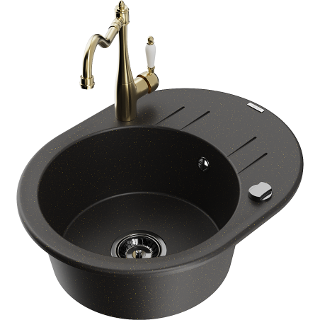 Mexen Kevin granite sink 1-bowl with drainer and kitchen faucet Carla, black/gold metallic - 6517-75-670700-50-B