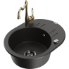 Mexen Kevin 1-bowl granite sink with drainer and Carla kitchen faucet, black/gold metallic - 6517-75-670700-50-B