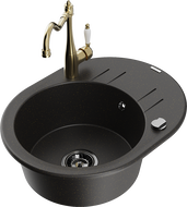 Mexen Kevin 1-bowl granite sink with drainer and Carla kitchen tap, black/golden metallic - 6517-75-670700-50-B