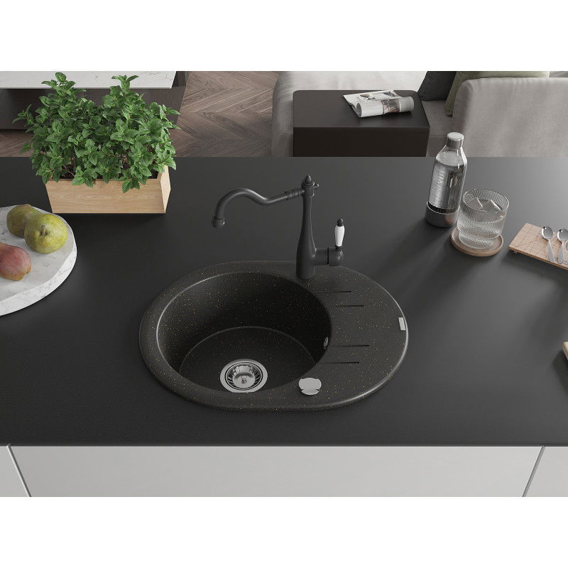Mexen Kevin 1-bowl granite sink with drainer and Carla kitchen tap, black/gold metallic - 6517-75-670700-70
