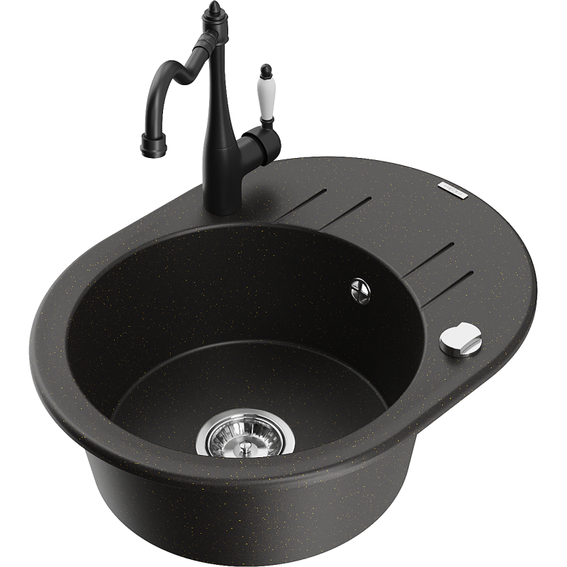 Mexen Kevin 1-compartment granite sink with a drip tray and kitchen mixer tap Carla, Black/Gold metallic - 6517-75-670700-70