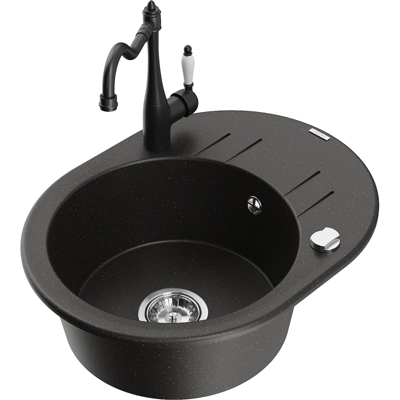 Mexen Kevin granite sink 1-bowl with drainer and kitchen faucet Carla, black/gold metallic - 6517-75-670700-70