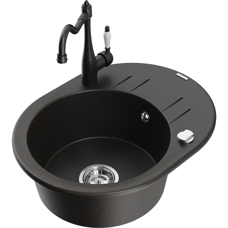 Mexen Kevin 1-bowl granite sink with drainer and Carla kitchen tap, black/gold metallic - 6517-75-670700-70