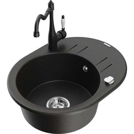 Mexen Kevin granite sink 1-bowl with drainer and kitchen faucet Carla, black/gold metallic - 6517-75-670700-70
