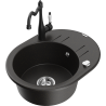 Mexen Kevin granite sink 1-bowl with drainer and kitchen faucet Carla, black/gold metallic - 6517-75-670700-70